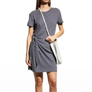 VINCE Short Sleeve Side Tie Dress Blue White Striped Knit Midi | Size Large